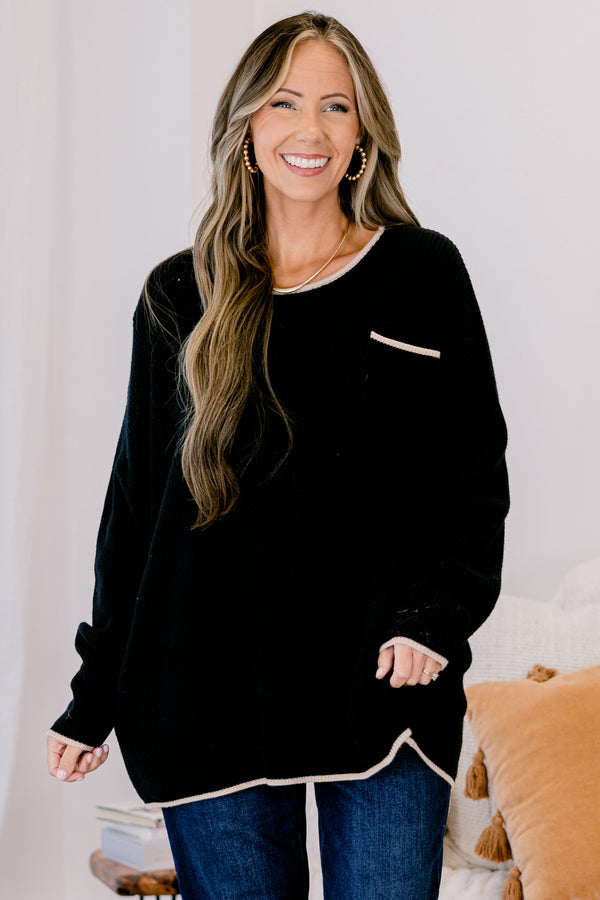 Chic Soul plus size clothing, black long sleeve sweater with front chest pocket and cream outlining on the hem, collar, and pocket
