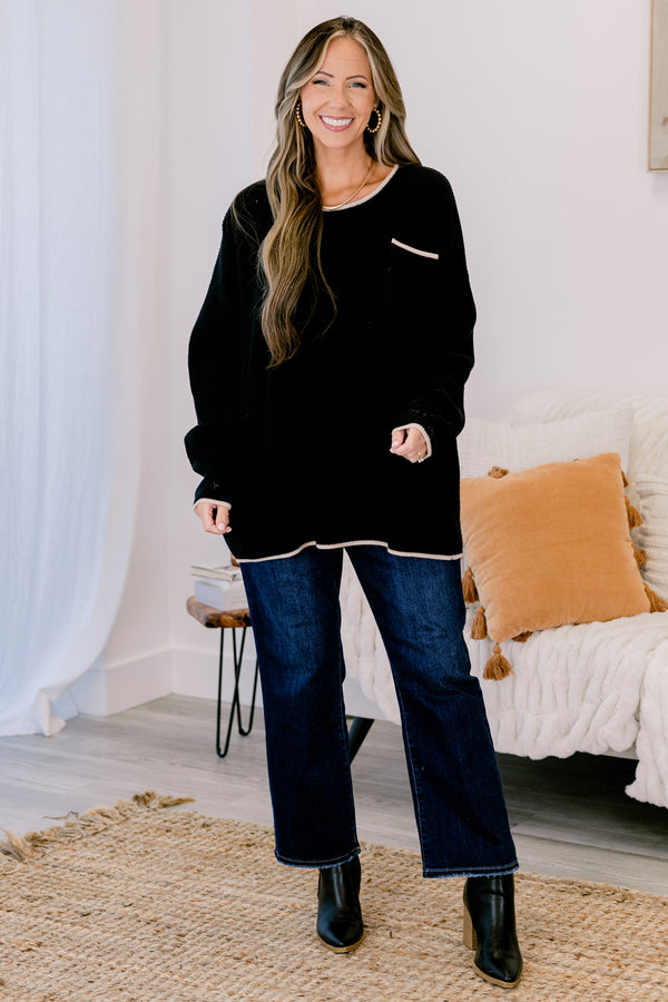 Chic Soul plus size clothing, black long sleeve sweater with front chest pocket and cream outlining on the hem, collar, and pocket