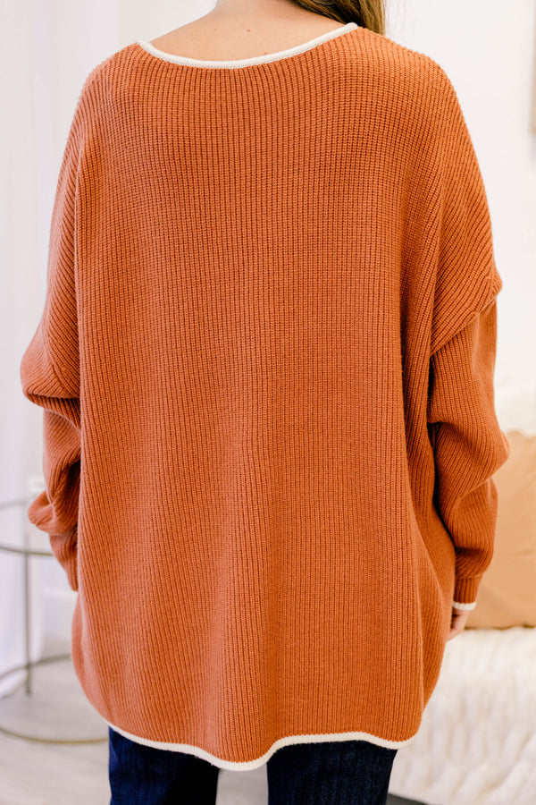 Chic Soul plus size clothing, rust orange long sleeve knit sweater with white piping along the collar, sleeves, hem, and front pocket