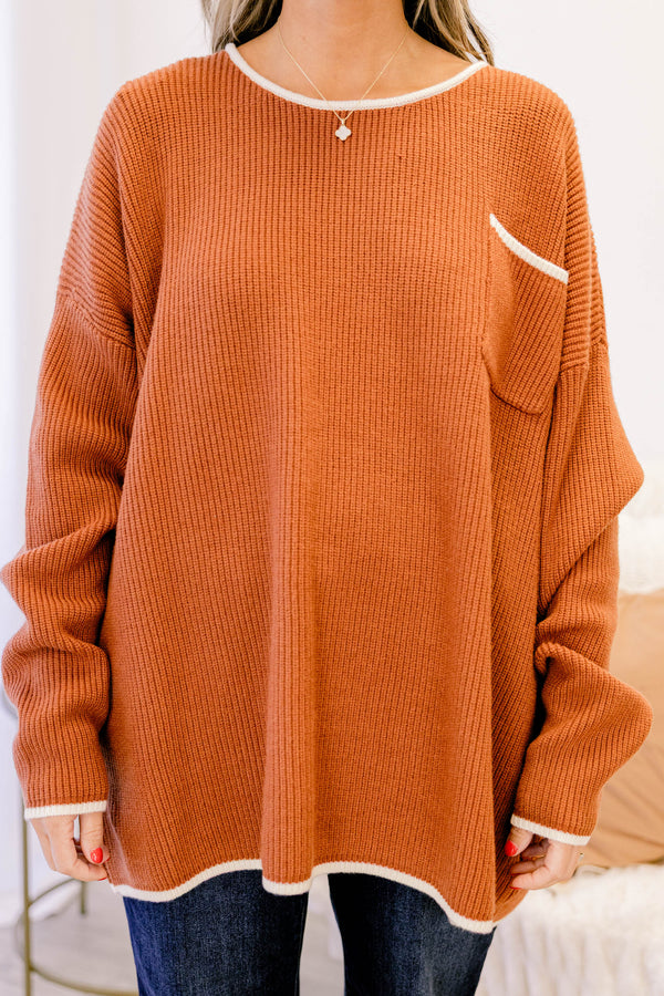 Chic Soul plus size clothing, rust orange long sleeve knit sweater with white piping along the collar, sleeves, hem, and front pocket