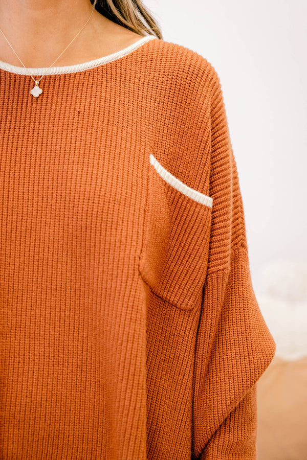 Chic Soul plus size clothing, rust orange long sleeve knit sweater with white piping along the collar, sleeves, hem, and front pocket