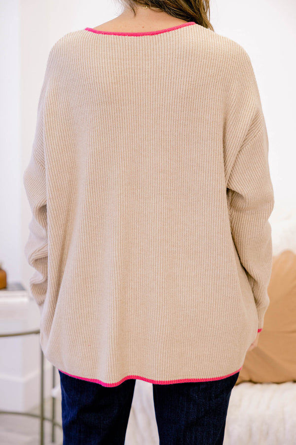 Chic Soul plus size clothing, tan long sleeve ribbed sweater with hot pink piping around the collar, sleeves, and on the top of the front chest pocket
