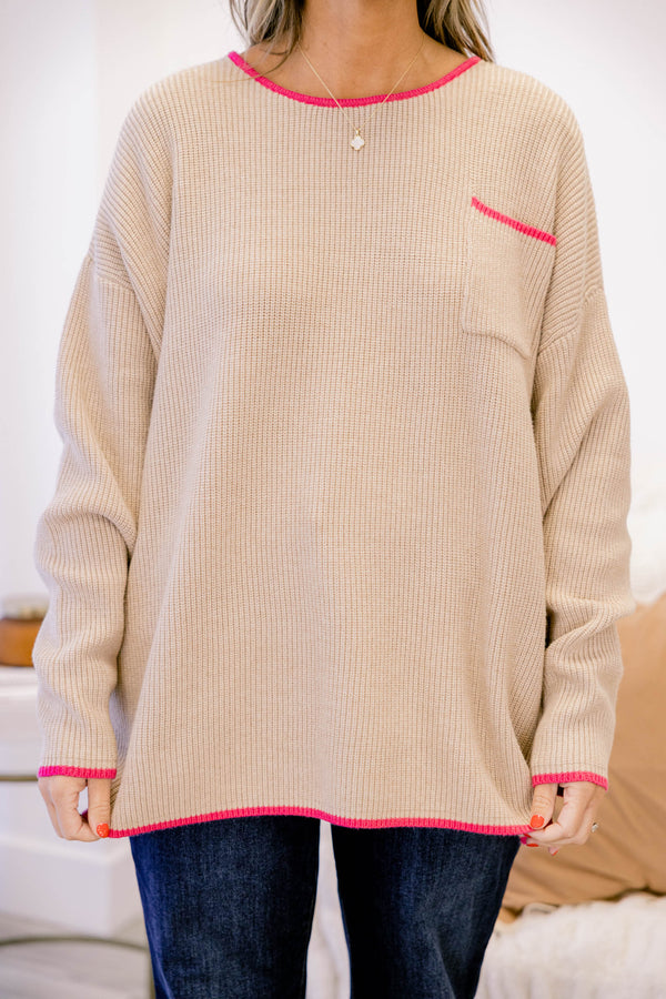 Chic Soul plus size clothing, tan long sleeve ribbed sweater with hot pink piping around the collar, sleeves, and on the top of the front chest pocket
