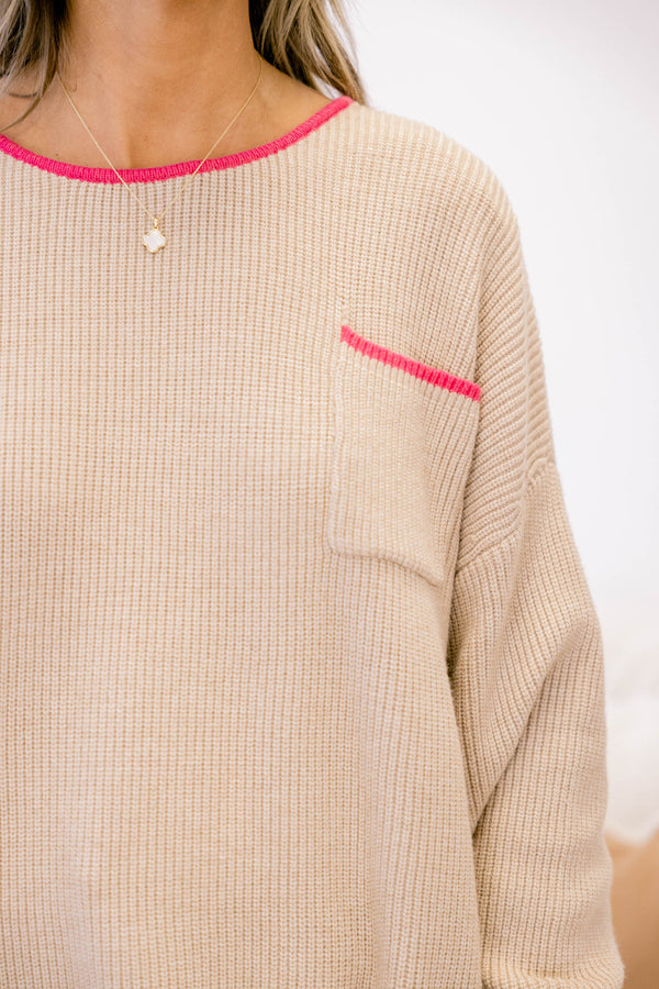 Chic Soul plus size clothing, tan long sleeve ribbed sweater with hot pink piping around the collar, sleeves, and on the top of the front chest pocket

