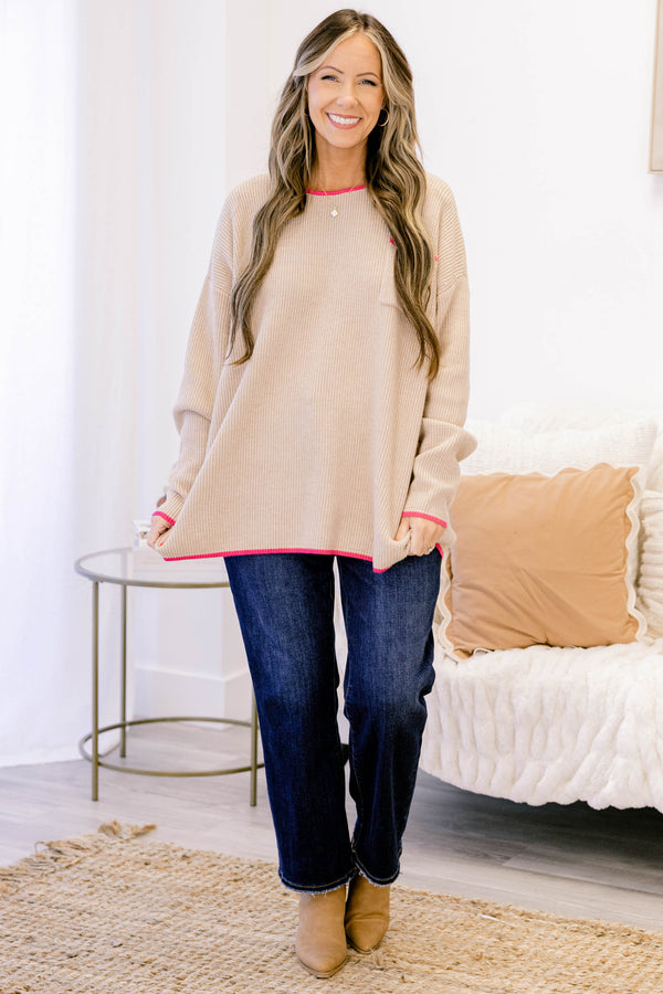 Chic Soul plus size clothing, tan long sleeve ribbed sweater with hot pink piping around the collar, sleeves, and on the top of the front chest pocket
