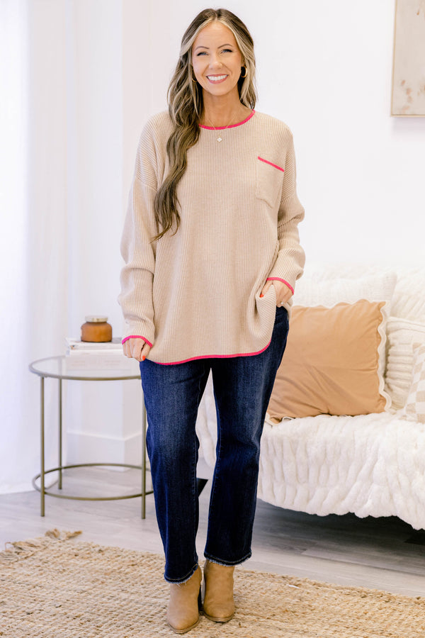 Chic Soul plus size clothing, tan long sleeve ribbed sweater with hot pink piping around the collar, sleeves, and on the top of the front chest pocket
