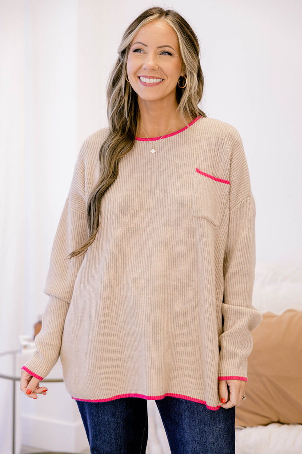 Chic Soul plus size clothing, tan long sleeve ribbed sweater with hot pink piping around the collar, sleeves, and on the top of the front chest pocket
