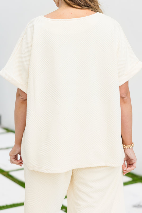 Chic Soul plus size clothing, Ivory short sleeve top with embedded stripe design with v cutout along neckline with cuff sleeves