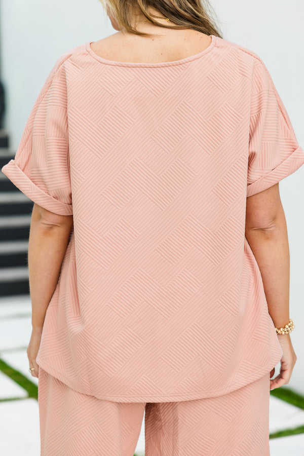 Chic Soul plus size clothing, short sleeve pink top with ribbed abstract pattern with v cutout along neckline with cuff sleeves