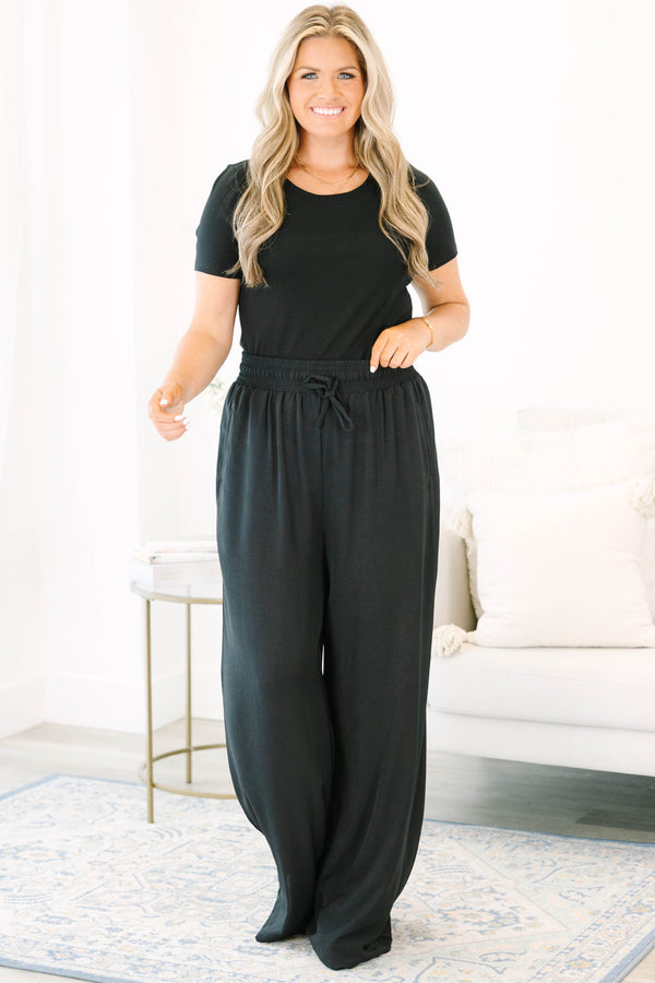 Chic Soul plus size clothing, black flowy straight leg pants with drawstring waistband