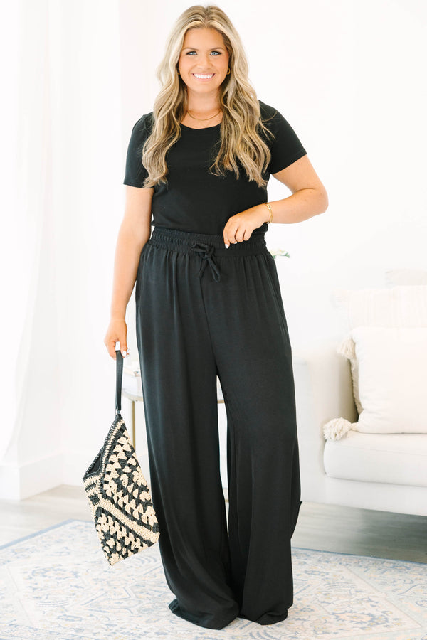 Chic Soul plus size clothing, black flowy straight leg pants with drawstring waistband