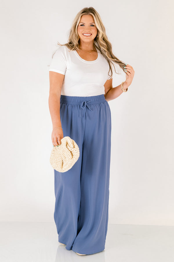Chic Soul plus size clothing, navy wide leg elastic waistband pants 