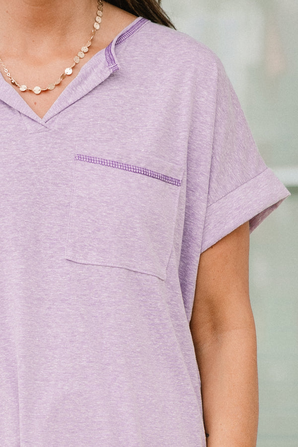 Chic Soul plus size clothing, short sleeve lilac top with small v-neck and darker purple stitching with a pocket