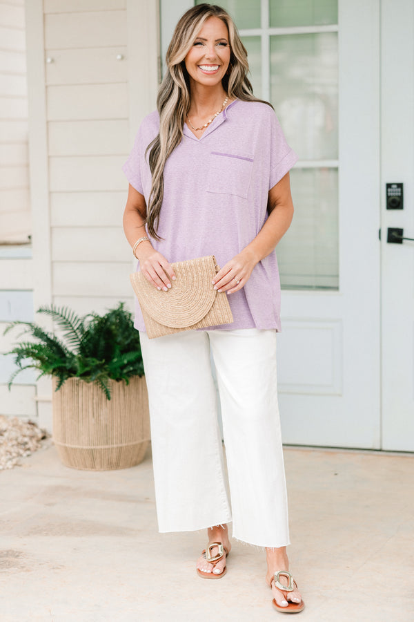 Chic Soul plus size clothing, short sleeve lilac top with small v-neck and darker purple stitching with a pocket