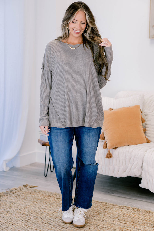 Chic Soul plus size clothing, heather grey long sleeve ribbed top