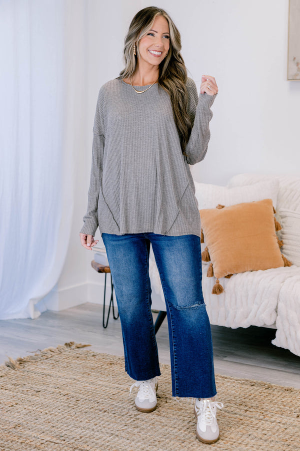 Chic Soul plus size clothing, heather grey long sleeve ribbed top