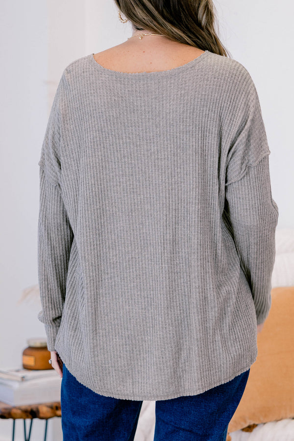 Chic Soul plus size clothing, heather grey long sleeve ribbed top