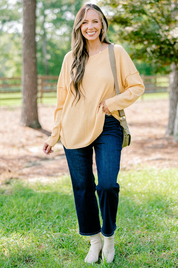 Chic Soul plus size clothing, mustard yellow long sleeve top with ribbed texture

