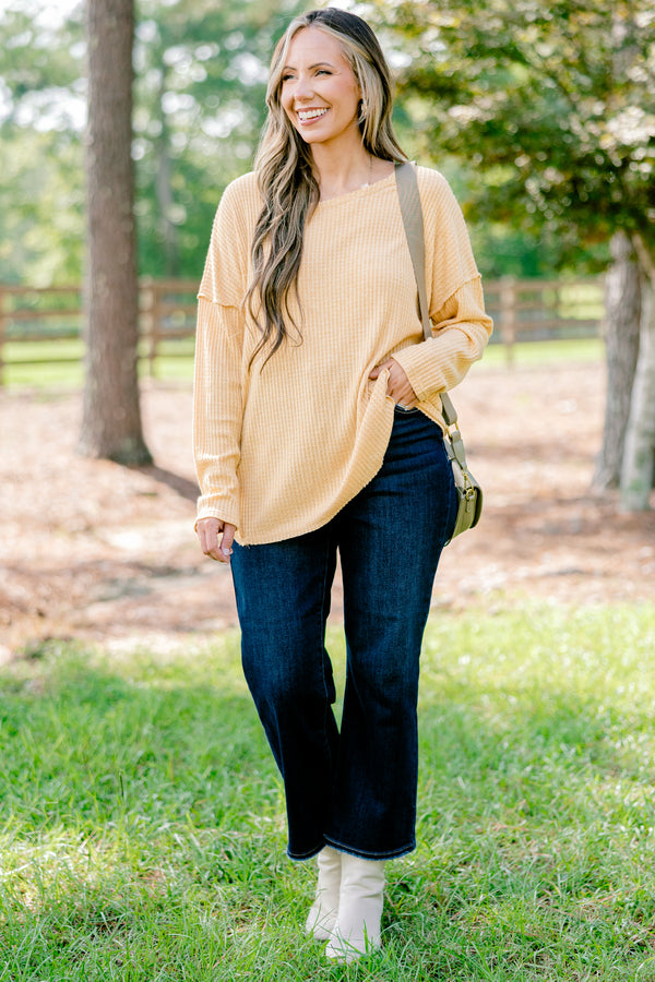 Chic Soul plus size clothing, mustard yellow long sleeve top with ribbed texture
