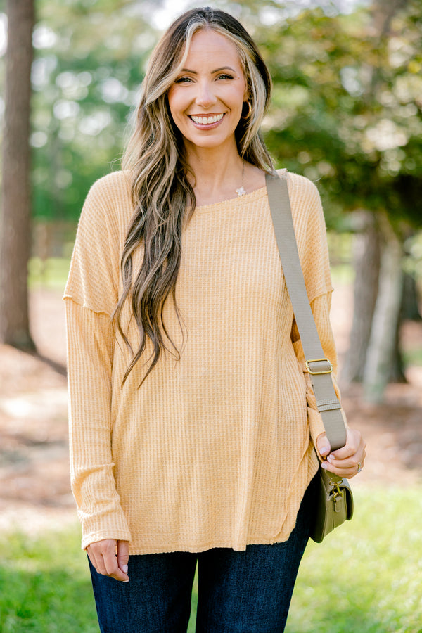 Chic Soul plus size clothing, mustard yellow long sleeve top with ribbed texture
