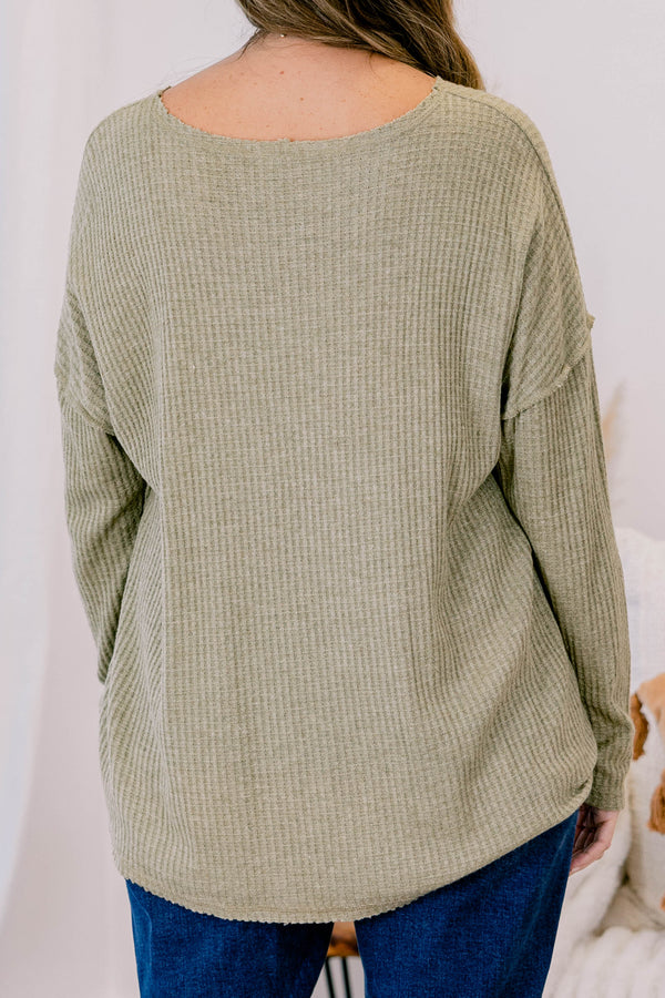 Chic Soul plus size clothing, olive green long sleeve ribbed scoop hem top