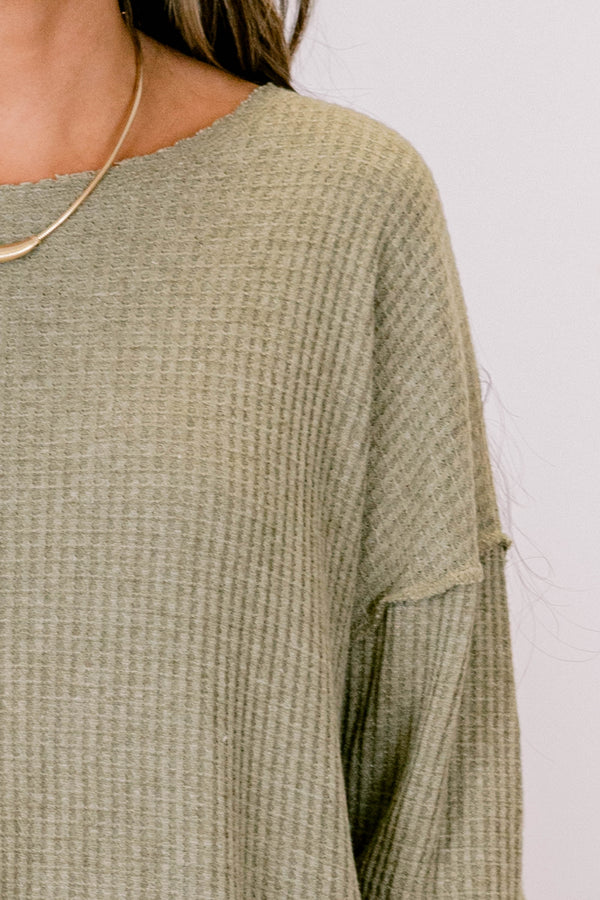 Chic Soul plus size clothing, olive green long sleeve ribbed scoop hem top