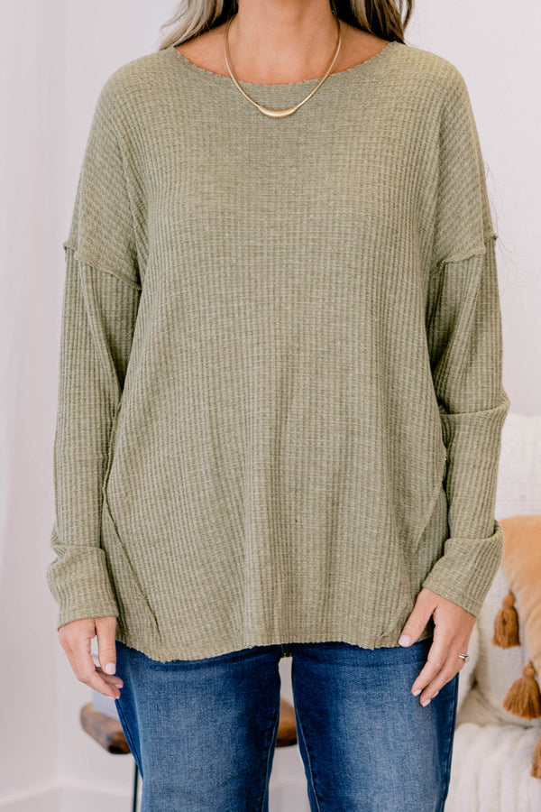 Chic Soul plus size clothing, olive green long sleeve ribbed scoop hem top