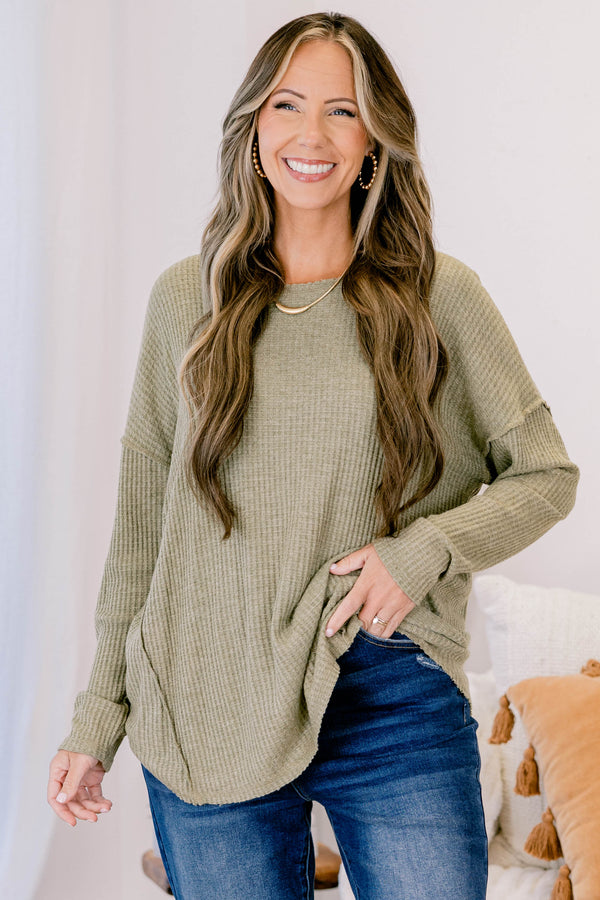 Chic Soul plus size clothing, olive green long sleeve ribbed scoop hem top