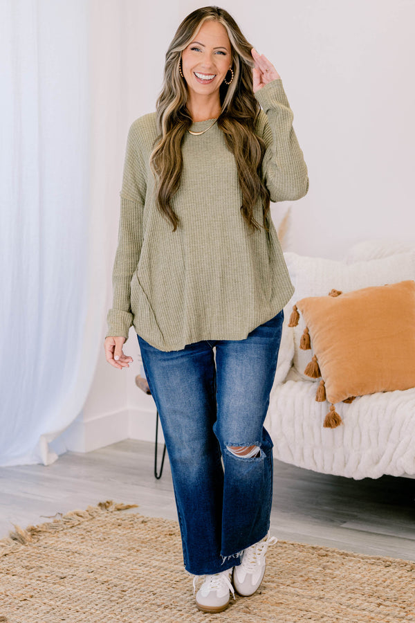 Chic Soul plus size clothing, olive green long sleeve ribbed scoop hem top