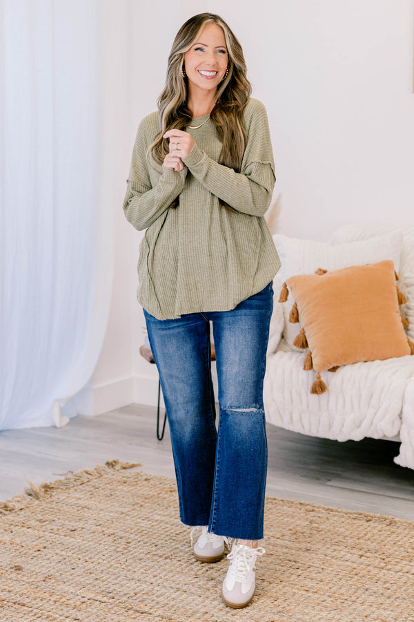 Chic Soul plus size clothing, olive green long sleeve ribbed scoop hem top