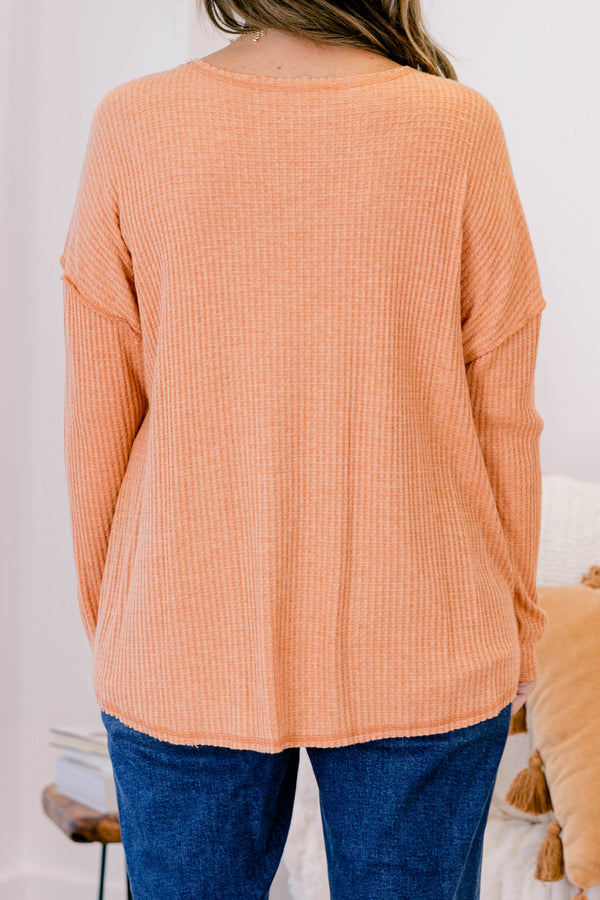 Chic Soul plus size clothing, orange long sleeve waffle knit crew neck top with scoop hemline