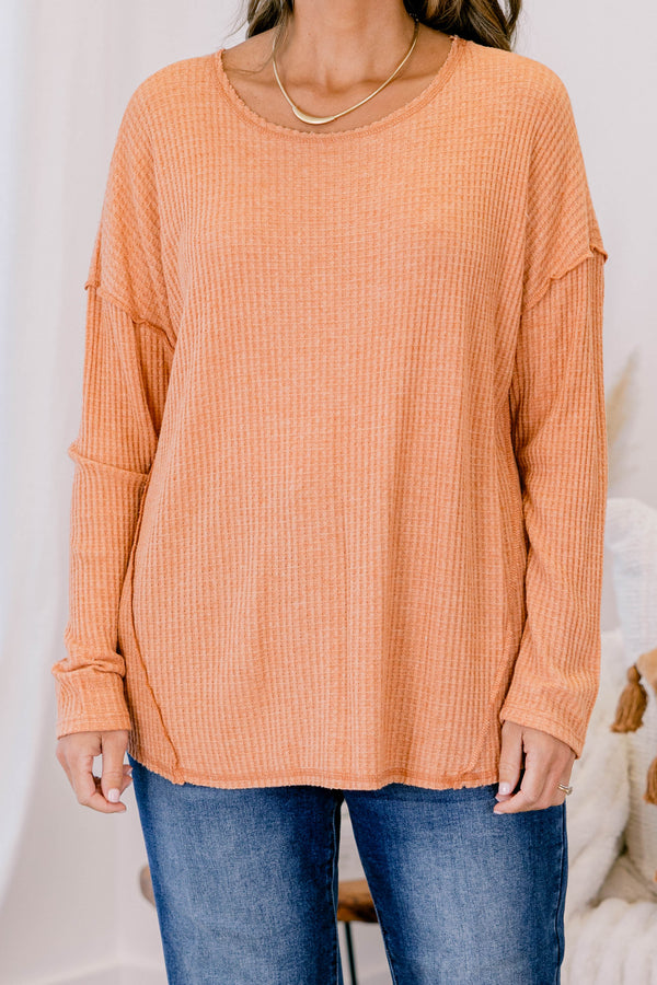 Chic Soul plus size clothing, orange long sleeve waffle knit crew neck top with scoop hemline