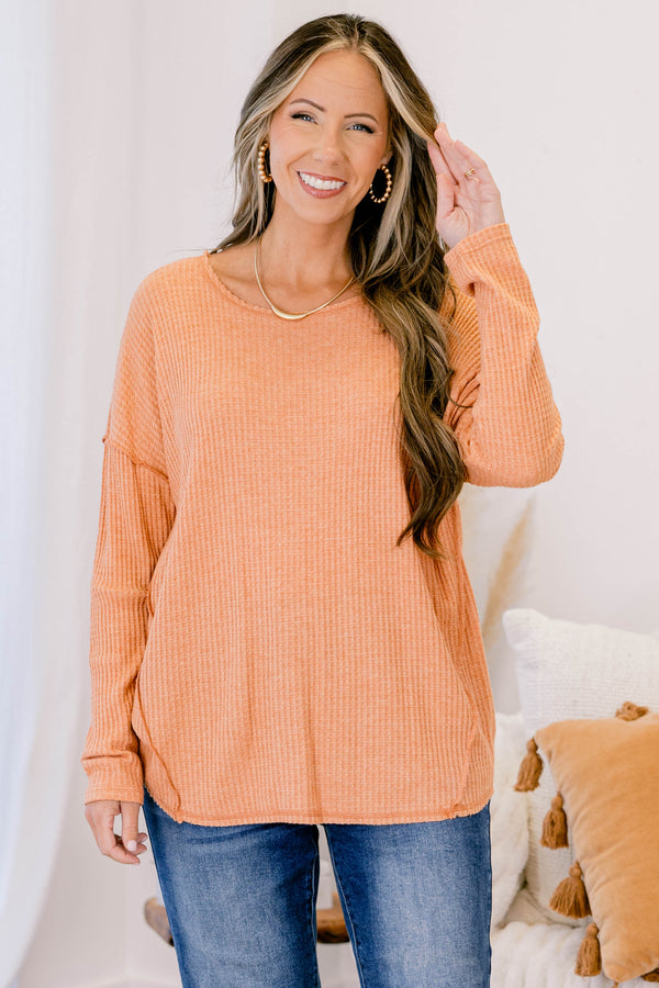 Chic Soul plus size clothing, orange long sleeve waffle knit crew neck top with scoop hemline