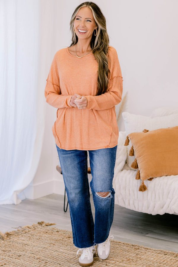 Chic Soul plus size clothing, orange long sleeve waffle knit crew neck top with scoop hemline