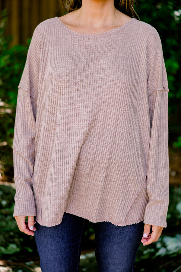 Chic Soul plus size clothing, taupe long sleeve top with a curved hem
