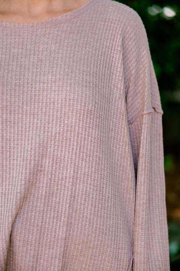 Chic Soul plus size clothing, taupe long sleeve top with a curved hem