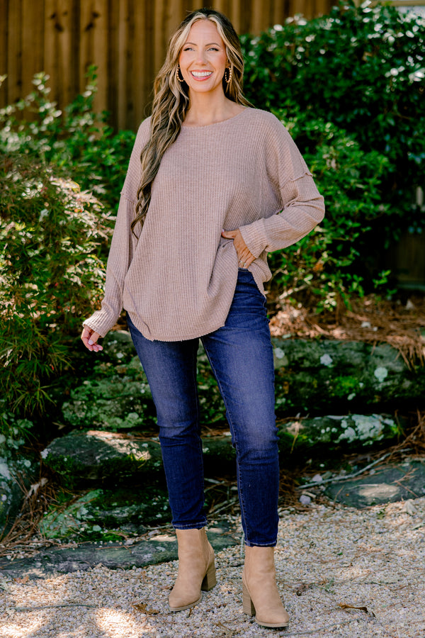 Chic Soul plus size clothing, taupe long sleeve top with a curved hem