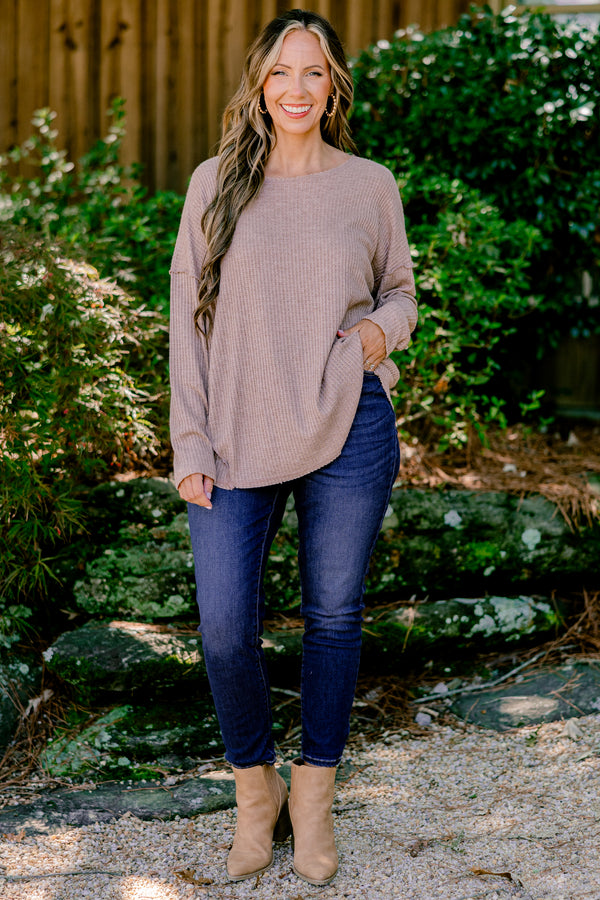 Chic Soul plus size clothing, taupe long sleeve top with a curved hem