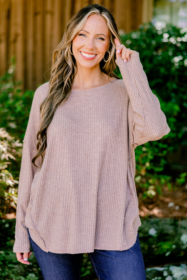 Chic Soul plus size clothing, taupe long sleeve top with a curved hem