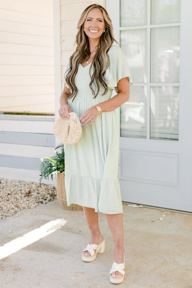 sage green midi dress Petal and Pup Women's Pontee One Shoulder Pleated Midi Dress