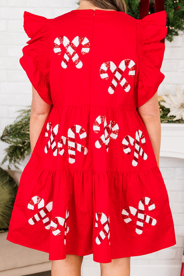 Chic Soul plus size clothing, red short sleeve tiered mini dress with round neckline and ruffle detail on sleeves with sequin red and white candy cane details