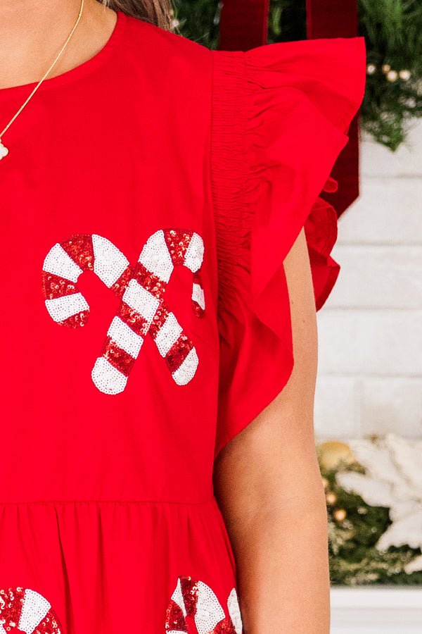 Chic Soul plus size clothing, red short sleeve tiered mini dress with round neckline and ruffle detail on sleeves with sequin red and white candy cane details