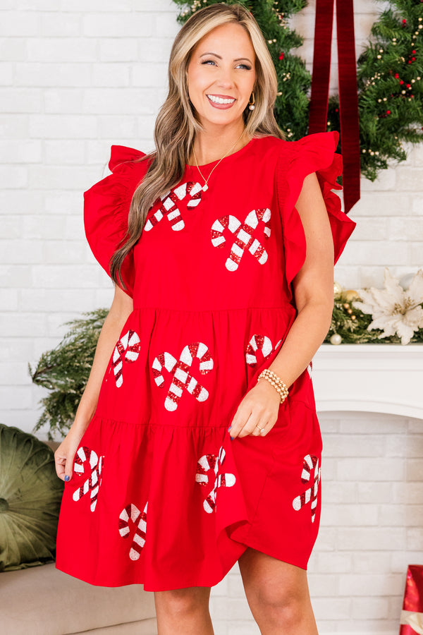 Chic Soul plus size clothing, red short sleeve tiered mini dress with round neckline and ruffle detail on sleeves with sequin red and white candy cane details