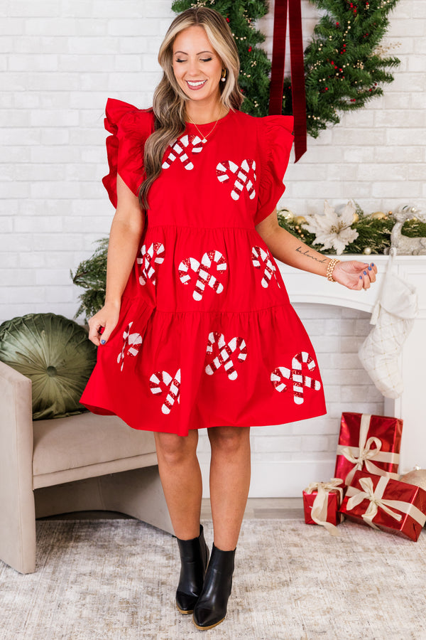 Chic Soul plus size clothing, red short sleeve tiered mini dress with round neckline and ruffle detail on sleeves with sequin red and white candy cane details