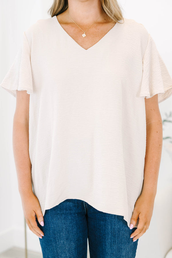 Chic Soul plus size clothing, short-sleeve light mocha blouse with v-neckline