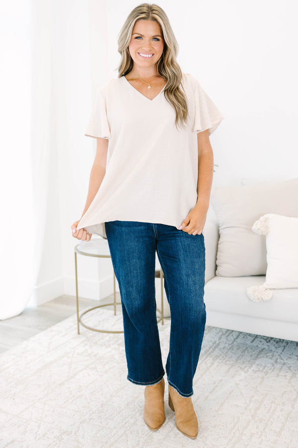 Chic Soul plus size clothing, short-sleeve light mocha blouse with v-neckline