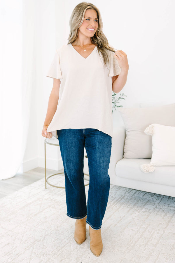 Chic Soul plus size clothing, short-sleeve light mocha blouse with v-neckline