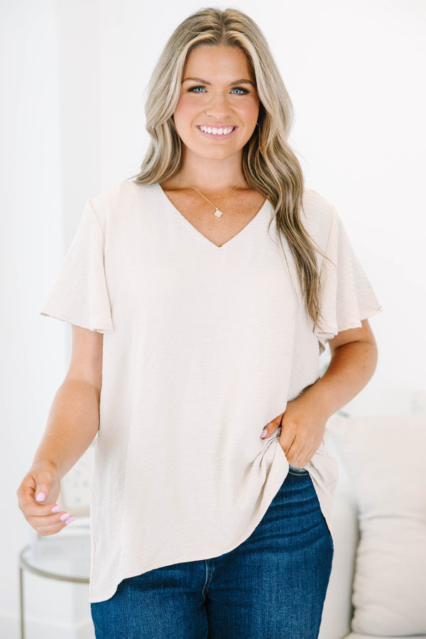 Chic Soul plus size clothing, short-sleeve light mocha blouse with v-neckline
