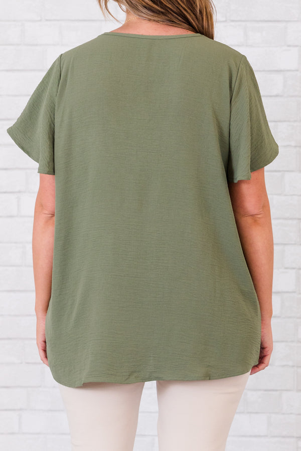Chic Soul plus size clothing, short-sleeve light olive green top with v-neckline 