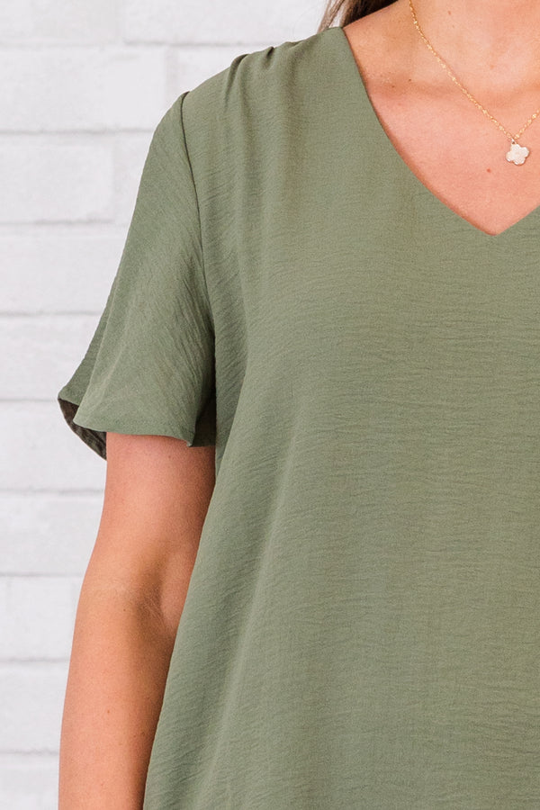 Chic Soul plus size clothing, short-sleeve light olive green top with v-neckline 